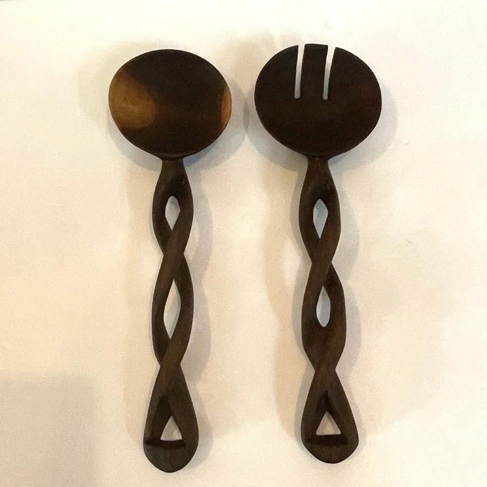 Hand Carved Wood Salad Servers Double Twist Spiral Handle Set 11.5 Inch Boho